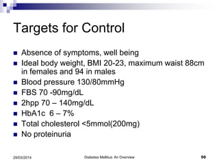 Targets for Control
 Absence of symptoms, well being
 Ideal body weight, BMI 20-23, maximum waist 88cm
in females and 94 in males
 Blood pressure 130/80mmHg
 FBS 70 -90mg/dL
 2hpp 70 – 140mg/dL
 HbA1c 6 – 7%
 Total cholesterol <5mmol(200mg)
 No proteinuria
Diabetes Mellitus: An Overview 5029/03/2014
 