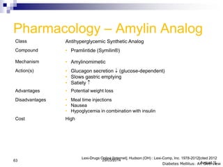 Pharmacology – Amylin Analog
Class Antihyperglycemic Synthetic Analog
Compound • Pramlintide (Symilin®)
Mechanism • Amylinomimetic
Action(s) • Glucagon secretion (glucose-dependent)
• Slows gastric emptying
• Satiety
Advantages • Potential weight loss
Disadvantages • Meal time injections
• Nausea
• Hypoglycemia in combination with insulin
Cost High
Diabetes Mellitus: An Overview
Lexi-Drugs Online [Internet]. Hudson (OH) : Lexi-Comp, Inc. 1978-2012[cited 2012
August 1].
29/03/201463
 
