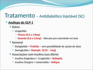 Tratamento – Antidiabético Injetável (SC)
 Análogo do GLP-1
 Diário
 Liraglutida
 Victoza (0,6 a 1,8mg)
 Saxenda (0,6 a 3,0mg) – liberada para obesidade em bula
 Semanal
 Dulaglutida = Trulicity – sem possibilidade de ajuste de dose
 Semaglutida = Ozempic (0,25 – 1mg)
 Associações com insulina (uso diário)
 Insulina Degludeca + Liraglutida = Xultophy
 Insulina Glargina + Lixisenatida = Soliqua
 