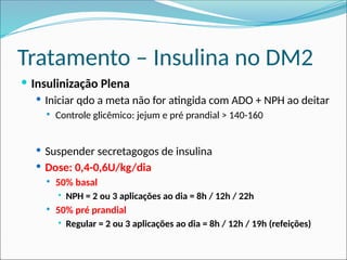 Tratamento – Insulina no DM2
 Insulinização Plena
 Iniciar qdo a meta não for atingida com ADO + NPH ao deitar
 Controle glicêmico: jejum e pré prandial > 140-160
 Suspender secretagogos de insulina
 Dose: 0,4-0,6U/kg/dia
 50% basal
 NPH = 2 ou 3 aplicações ao dia = 8h / 12h / 22h
 50% pré prandial
 Regular = 2 ou 3 aplicações ao dia = 8h / 12h / 19h (refeições)
 