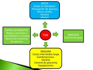 TtO EJERCICIO Control de peso  DIETA Evitar el sobrepeso Fluctuación de glucosa Fibras mixtas horario efectos INSULINA Corta/intermedia/larga Combinaciones  Horario Control de glucemia hipoglucemia HIPOGLUCEMIANTES Mejora secreción y sensibilidad a insulina Absorción intestinal de glucosa 