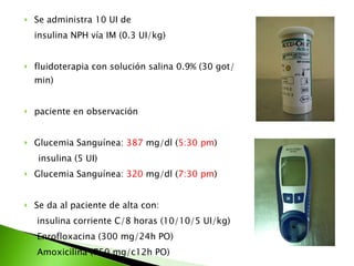 Se administra 10 UI de  insulina NPH vía IM (0.3 UI/kg) fluidoterapia con solución salina 0.9% (30 got/min) paciente en observación Glucemia Sanguínea:  387  mg/dl ( 5:30 pm ) insulina (5 UI) Glucemia Sanguínea:  320  mg/dl ( 7:30 pm ) Se da al paciente de alta con:   insulina corriente C/8 horas (10/10/5 UI/kg)    Enrofloxacina (300 mg/24h PO)    Amoxicilina (750 mg/c12h PO) Se asigna turno con el servicio de  Endocrinología. 