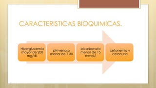 CARACTERISTICAS BIOQUIMICAS.
Hiperglucemia
mayor de 200
mg/dl.
pH venoso
menor de 7.30
bicarbonato
menor de 15
mmol/l
cetonemia y
cetonuria
 