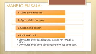 MANEJO EN SALA:
1.- Dieta para diabético.
2.- Signos vitales por turno.
3.-Glucometría capilar.
• 30 minutos antes del desayuno: Insulina NPH 2/3 de la
dosis.
• 30 minutos antes de la cena: Insulina NPH 1/3 de la dosis.
4.-Insulina NPH así:
 