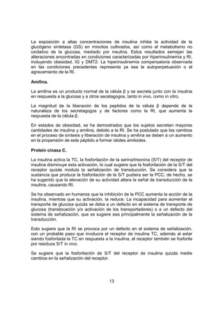 13
La exposición a altas concentraciones de insulina inhibe la actividad de la
glucógeno sintetasa (GS) en miocitos cultivados, así como el metabolismo no
oxidativo de la glucosa, mediado por insulina. Estos resultados semejan las
alteraciones encontradas en condiciones caracterizadas por hiperinsulinemia y RI,
incluyendo obesidad, IG y DMT2. La hiperinsulinemia compensatoria observada
en las condiciones precedentes representa ya sea la autoperpetuación o el
agravamiento de la RI.
Amilina.
La amilina es un producto normal de la célula β y se secreta junto con la insulina
en respuesta a la glucosa y a otros secetagogos, tanto in vivo, como in vitro.
La magnitud de la liberación de los peptidos de la célula β depende de la
naturaleza de los secretagogos y de factores como la RI, que aumenta la
respuesta de la célula β.
En estados de obesidad, se ha demostrados que los sujetos secretan mayores
cantidades de insulina y amilina, debido a la RI. Se ha postulado que los cambios
en el proceso de síntesis y liberación de insulina y amilina se deben a un aumento
en la propensión de este péptido a formar islotes amiloides.
Proteín cinasa C.
La insulina activa la TC, la fosforilación de la serina/treonina (S/T) del receptor de
insulina disminuye esta activación, lo cual sugiere que la fosforilación de la S/T del
receptor quizás modula la señalización de transducción. Se considera que la
sustancia que produce la fosforilación de la S/T pudiera ser la PCC; de hecho, se
ha sugerido que la elevación de su actividad altera la señal de transducción de la
insulina, causando RI.
Se ha observado en humanos que la inhibición de la PCC aumenta la acción de la
insulina, mientras que su activación, la reduce. La incapacidad para aumentar el
transporte de glucosa quizás se deba a un defecto en el sistema de transporte de
glucosa (translocación y/o activación de los transportadores) o a un defecto del
sistema de señalización, que se sugiere sea principalmente la señalización de la
transducción.
Esto sugiere que la RI se provoca por un defecto en el sistema de señalización,
con un probable paso que involucra el receptor de insulina TC, además al estar
siendo fosforilada la TC en respuesta a la insulina, el receptor también se fosforila
por residuos S/T in vivo.
Se sugiere que la fosforilación de S/T del receptor de insulina quizás medie
cambios en la señalización del receptor.
 