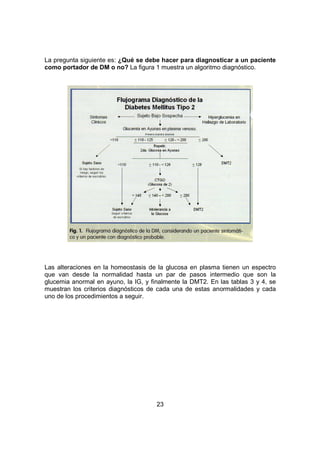 23
La pregunta siguiente es: ¿Qué se debe hacer para diagnosticar a un paciente
como portador de DM o no? La figura 1 muestra un algoritmo diagnóstico.
Las alteraciones en la homeostasis de la glucosa en plasma tienen un espectro
que van desde la normalidad hasta un par de pasos intermedio que son la
glucemia anormal en ayuno, la IG, y finalmente la DMT2. En las tablas 3 y 4, se
muestran los criterios diagnósticos de cada una de estas anormalidades y cada
uno de los procedimientos a seguir.
 