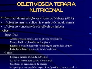 OBJETIVOS DA TERAPIA NUTRICONAL Diretrizes da Associação Americana de Diabetes (ADA): 1 º objetivo: manter a glicemia o mais próximo do normal 2 º objetivo: concentrações desejáveis de lipídeos ADA Específicos Alcançar níveis sanguíneos de glicose fisiológicos Manter lipídeos plasmáticos desejáveis Reduzir a probabilidade de complicações específicas do DM Retardar o desenvolvimento de aterosclerose Gerais Fornecer seleção ótima de nutrientes Atingir e manter peso corporal desejável Satisfazer as necessidade de energia  Adaptar para necessidades específicas (gravidez, doença renal...) 