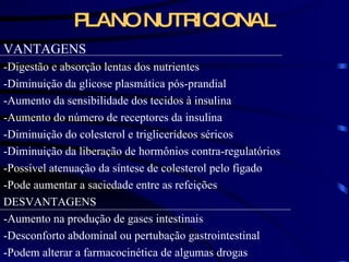 PLANO NUTRICIONAL VANTAGENS -Digestão e absorção lentas dos nutrientes -Diminuição da glicose plasmática pós-prandial -Aumento da sensibilidade dos tecidos à insulina -Aumento do número de receptores da insulina -Diminuição do colesterol e triglicerídeos séricos -Diminuição da liberação de hormônios contra-regulatórios -Possível atenuação da síntese de colesterol pelo fígado -Pode aumentar a saciedade entre as refeições DESVANTAGENS -Aumento na produção de gases intestinais -Desconforto abdominal ou pertubação gastrointestinal -Podem alterar a farmacocinética de algumas drogas 
