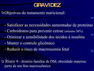 GRAVIDEZ Objetivos do tratamento nutricional: - Satisfazer as necessidades aumentadas de proteínas - Carboidratos para prevenir cetose  (mínimo 50%) - Otimizar a sensibilidade dos tecidos à insulina - Manter o controle glicêmico - Reduzir o risco de macrossomia fetal    Risco     - história familiar de DM; obesidade materna; parto de um feto macrossômico 