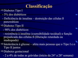 Classificação Diabetes Tipo I - 5% dos diabéticos - Deficiência de insulina – destruição das células  ß  pancreáticas Diabetes Tipo II - 90% dos diabéticos - resistência à insulina (  sensibilidade tecidual) e função prejudicada das células ß (liberação retardada ou inadequada) Intolerância à glicose – afeta mais pessoas que o Tipo I e o Tipo II juntos Diabetes gestacional - 2 a 4% de todas as grávidas (início da 24° a 28º semana) 