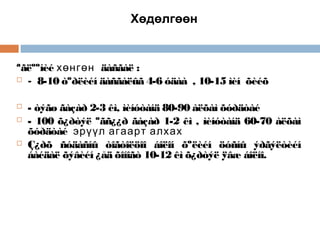 Хөдөлгөөн

ªãëººíèé хөнгөн äàñãàë :
 - 8-10 òºðëèéí äàñãàëûã 4-6 óäàà , 10-15 ìèí õèéõ





- òýãø ãàçàð 2-3 êì, ìèíóòàíä 80-90 àëõàì õóðäòàé
- 100 õ¿ðòýë ºãñ¿¿ð ãàçàð 1-2 êì , ìèíóòàíä 60-70 àëõàì
õóðäòàé эрүүл агаарт алхах
Ç¿ðõ ñóäàñíû òîãòîëöîî áîëîí õºëèéí öóñíû ýðãýëòèéí
áàéäàë õýâèéí ¿åä õîíîãò 10-12 êì õ¿ðòýë ÿâæ áîëíî.

 