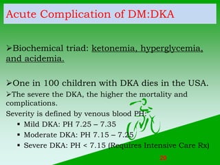 Acute Complication of DM:DKA
Biochemical triad: ketonemia, hyperglycemia,
and acidemia.
One in 100 children with DKA die...