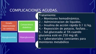 Mayor riesgo de Cetoacidosis diabética en el preoperatorio
Desencadenantes: Infección, trauma, IAM, Administración
inadecuada de insulina
Cuadro clínico: Hiperglucemia, Hiperosmolaridad,
Deshidratación, Presencia de cuerpos cetónicos.
Complicaciones: Desequilibrio hidroelectrolítico/acidobásico,
necrosis tubular aguda, Hipotensión, choque.
COMPLICACIONES AGUDAS.
Estado
hiperosmolar
no cetócico.
Cetoacidosis
diabética
Hipoglucemias Hiperglucemia
Tratamiento:
1.- Monitoreo hemodinámico.
2.- Administracion de líquidos.
3.- Insulina de acción rápida 0.1 U/kg.
4.- Reposición de potasio, fosfato…
5.- Sol.glucosada al 5% cuando
glucemia esté en 250 mg/dl.
6.- Laboratoriales constantes para
monitoreo metabólico
 