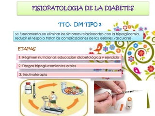 se fundamenta en eliminar los síntomas relacionados con la hiperglicemia,
reducir el riesgo o tratar las complicaciones de las lesiones vasculares
3. Insulinoterapia
ETAPAS
1. Régimen nutricional, educación diabetológica y ejercicio
2. Drogas hipoglucemiantes orales
TTO. DM TIPO 2
 