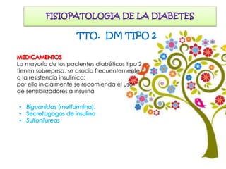 La mayoría de los pacientes diabéticos tipo 2
tienen sobrepeso, se asocia frecuentemente
a la resistencia insulínica;
por ello inicialmente se recomienda el uso
de sensibilizadores a insulina
TTO. DM TIPO 2
 