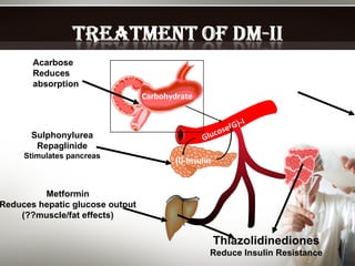 Carbohydrate Glucose(G)-I (I)-Insulin Carbohydrate Acarbose Reduces  absorption Sulphonylurea Repaglinide Stimulates pancreas Metformin Reduces hepatic glucose output (??muscle/fat effects) Thiazolidinediones Reduce Insulin Resistance 