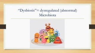“Dysbiosis”= dysregulated (abnormal)
Microbiota
 