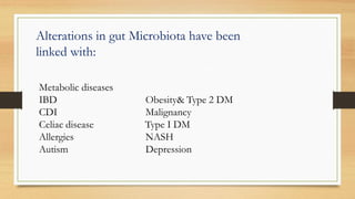 Metabolic diseases
IBD Obesity& Type 2 DM
CDI Malignancy
Celiac disease Type I DM
Allergies NASH
Autism Depression
Alterations in gut Microbiota have been
linked with:
 