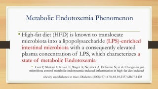 Metabolic Endotoxemia Phenomenon
• High-fat diet (HFD) is known to translocate
microbiota into a lipopolysaccharide (LPS)-enriched
intestinal microbiota with a consequently elevated
plasma concentration of LPS, which characterizes a
state of metabolic Endotoxemia
• Cani P, Bibiloni R, Knauf C, Waget A, Neyrinck A, Delzenne N, et al. Changes in gut
microbiota control metabolic endotoxemia-induced inflammation in high-fat diet-induced
obesity and diabetes in mice. Diabetes (2008) 57:1470–81.10.2337/db07-1403
 
