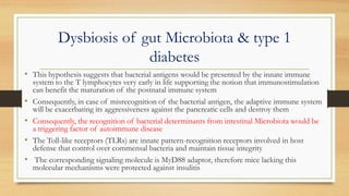 Dysbiosis of gut Microbiota & type 1
diabetes
• This hypothesis suggests that bacterial antigens would be presented by the innate immune
system to the T lymphocytes very early in life supporting the notion that immunostimulation
can benefit the maturation of the postnatal immune system
• Consequently, in case of misrecognition of the bacterial antigen, the adaptive immune system
will be exacerbating its aggressiveness against the pancreatic cells and destroy them
• Consequently, the recognition of bacterial determinants from intestinal Microbiota would be
a triggering factor of autoimmune disease
• The Toll-like receptors (TLRs) are innate pattern-recognition receptors involved in host
defense that control over commensal bacteria and maintain tissue integrity
• The corresponding signaling molecule is MyD88 adaptor, therefore mice lacking this
molecular mechanisms were protected against insulitis
 