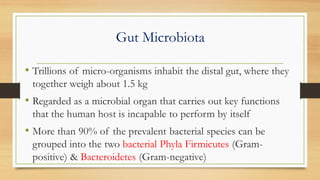 Gut Microbiota
• Trillions of micro-organisms inhabit the distal gut, where they
together weigh about 1.5 kg
• Regarded as a microbial organ that carries out key functions
that the human host is incapable to perform by itself
• More than 90% of the prevalent bacterial species can be
grouped into the two bacterial Phyla Firmicutes (Gram-
positive) & Bacteroidetes (Gram-negative)
 