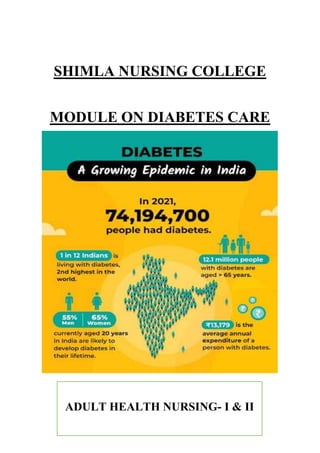 SHIMLA NURSING COLLEGE
MODULE ON DIABETES CARE
ADULT HEALTH NURSING- I & II
 