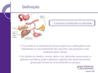 Definição



                                  A insulina é produzida no pâncreas




 A sua falta ou a insuficiência da sua acção leva a alterações muito
 importantes no aproveitamento dos açúcares, das gorduras e das
                       proteínas pelas células
 As células do cérebro, nervos, retina, rins, glândulas supra-renais, e
 glóbulos vermelhos podem absorver a glicose sem ajuda da insulina
           (proporção directa ao nível existente no sangue)


                                                                  Hanas R. 2007
 