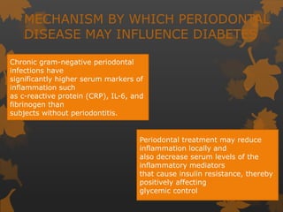 MECHANISM BY WHICH PERIODONTAL
DISEASE MAY INFLUENCE DIABETES
Chronic gram-negative periodontal
infections have
significantly higher serum markers of
inflammation such
as c-reactive protein (CRP), IL-6, and
fibrinogen than
subjects without periodontitis.
Periodontal treatment may reduce
inflammation locally and
also decrease serum levels of the
inflammatory mediators
that cause insulin resistance, thereby
positively affecting
glycemic control
 