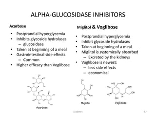 ALPHA-GLUCOSIDASE INHIBITORS
• Postprandial hyperglycemia
• Inhibits glycoside hydrolases
– glucosidase
• Taken at beginning of a meal
• Gastrointestinal side effects
– Common
• Higher efficacy than Voglibose
• Postprandial hyperglycemia
• Inhibit glycoside hydrolases
• Taken at beginning of a meal
• Miglitol is systemically absorbed
– Excreted by the kidneys
• Voglibose is newest:
– less side effects
– economical
Acarbose Miglitol & Voglibose
Acarbose
Miglitol Voglibose
67Diabetes
 