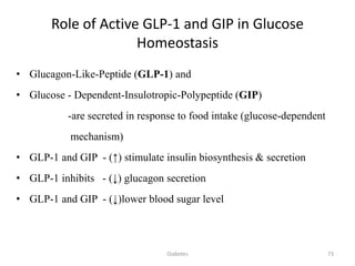 Role of Active GLP-1 and GIP in Glucose
Homeostasis
• Glucagon-Like-Peptide (GLP-1) and
• Glucose - Dependent-Insulotropic-Polypeptide (GIP)
-are secreted in response to food intake (glucose-dependent
mechanism)
• GLP-1 and GIP - (↑) stimulate insulin biosynthesis & secretion
• GLP-1 inhibits - (↓) glucagon secretion
• GLP-1 and GIP - (↓)lower blood sugar level
73Diabetes
 