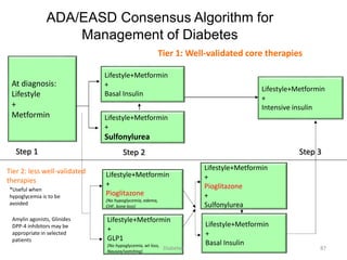 ADA/EASD Consensus Algorithm for
Management of Diabetes
At diagnosis:
Lifestyle
+
Metformin
Lifestyle+Metformin
+
Pioglitazone
(No hypoglycemia, edema,
CHF, bone loss)
Lifestyle+Metformin
+
Sulfonylurea
Lifestyle+Metformin
+
Intensive insulin
Lifestyle+Metformin
+
Basal Insulin
Lifestyle+Metformin
+
GLP1
(No hypoglycemia, wt loss,
Nausea/vomiting)
Lifestyle+Metformin
+
Pioglitazone
+
Sulfonylurea
Lifestyle+Metformin
+
Basal Insulin
Tier 2: less well-validated
therapies
Tier 1: Well-validated core therapies
Step 1 Step 2 Step 3
Amylin agonists, Glinides
DPP-4 inhibitors may be
appropriate in selected
patients
*Useful when
hypoglycemia is to be
avoided
87Diabetes
 