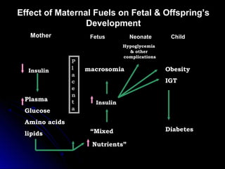 Effect of Maternal Fuels on Fetal & Offspring’s
                 Development
   Mother           Fetus        Neonate        Child
                               Hypoglycemia
                                 & other
                               complications
               P
  Insulin      l   macrosomia                  Obesity
               a
               c                               IGT
               e
               n
 Plasma        t     Insulin
 Glucose       a

 Amino acids
                    “Mixed                     Diabetes
 lipids
                    Nutrients”
 