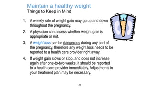 Maintain a healthy weight
Things to Keep in Mind
1. A weekly rate of weight gain may go up and down
throughout the pregnancy.
2. A physician can assess whether weight gain is
appropriate or not.
3. A weight loss can be dangerous during any part of
the pregnancy, therefore any weight loss needs to be
reported to a health care provider right away.
4. If weight gain slows or stop, and does not increase
again after one-to-two weeks, it should be reported
to a health care provider immediately. Adjustments in
your treatment plan may be necessary.
35

 