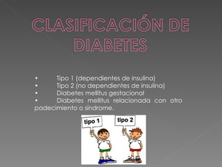•     Tipo 1 (dependientes de insulina)
•     Tipo 2 (no dependientes de insulina)
•     Diabetes mellitus gestacional
•     Diabetes mellitus relacionada con otro
padecimiento o síndrome.
 