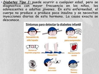 • Diabetes Tipo 1: puede ocurrir a cualquier edad, pero se
diagnostica con mayor frecuencia en los niños, los
adolescentes o adultos jóvenes. En esta enfermedad, el
cuerpo no produce o produce poca insulina y se necesitan
inyecciones diarias de esta hormona. La causa exacta se
desconoce.

 