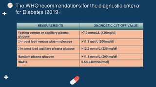 The WHO recommendations for the diagnostic criteria
for Diabetes (2019)
MEASUREMENTS DIAGNOSTIC CUT-OFF VALUE
Fasting venous or capillary plasma
glucose
>7.0 mmoL/L (126mg/dl)
2hr post load venous plasma glucose >11.1 mol/L (200mg/dl)
2 hr post load capillary plasma glucose >12.2 mmol/L (220 mg/dl)
Random plasma glucose >11.1 mmol/L (200 mg/dl)
HbA1c 6.5% (48mmol/mol)
 