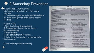 2.Secondary Prevention
A. GLYCATED HAEMOGLOBIN –
1.Estimation of glycated Hb at half yearly
intervals
2. The percentage of such glycated Hb reflects
the mean blood glucose levels during red cell
life time.
B) SELF CARE -
1.Stick to diet and drug regimens
2. Examination of own urine and blood
glucose monitoring
3. Avoid alcohol
4. Self administration of insulin
5. Maintain optimum weight, attend periodic
check ups etc.
C) Home blood glucose monitoring.
 