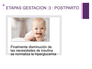 +
ETAPAS GESTACION :3 : POSTPARTO
Finalmente disminución de
las necesidades de insulina
se normaliza la hiperglucemia
 