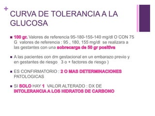 +
CURVA DE TOLERANCIA A LA
GLUCOSA
Valores de referencia 95-180-155-140 mg/dl O CON 75
G valores de referencia : 95 , 180, 155 mg/dl se realizara a
las gestantes con una
 A las pacientes con dm gestacional en un embarazo previo y
en gestantes de riesgo 3 o + factores de riesgo )
 ES CONFIRMATORIO :
PATOLOGICAS
 SI HAY VALOR ALTERADO : DX DE
 