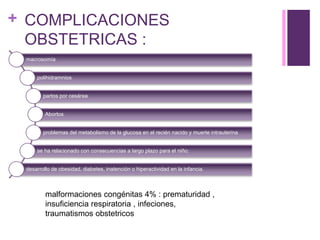 + COMPLICACIONES
OBSTETRICAS :
macrosomía
polihidramnios
partos por cesárea
Abortos
problemas del metabolismo de la glucosa en el recién nacido y muerte intrauterina
se ha relacionado con consecuencias a largo plazo para el niño:
desarrollo de obesidad, diabetes, inatención o hiperactividad en la infancia.
malformaciones congénitas 4% : prematuridad ,
insuficiencia respiratoria , infeciones,
traumatismos obstetricos
 