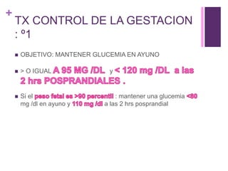 +
TX CONTROL DE LA GESTACION
: º1
 OBJETIVO: MANTENER GLUCEMIA EN AYUNO
 > O IGUAL y
 Si el : mantener una glucemia
mg /dl en ayuno y a las 2 hrs posprandial
 