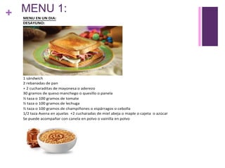 + MENU 1:
MENU EN UN DIA:
DESAYUNO:
1 sándwich
2 rebanadas de pan
+ 2 cucharaditas de mayonesa o aderezo
30 gramos de queso manchego o quesillo o panela
½ taza o 100 gramos de tomate
½ taza o 100 gramos de lechuga
½ taza o 100 gramos de champiñones o espárragos o cebolla
1/2 taza Avena en ajuelas +2 cucharadas de miel abeja o maple o cajeta o azúcar
Se puede acompañar con canela en polvo o vainilla en polvo
 