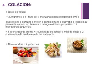 +
1 coktel de frutas:
+ 200 gramos o 1 taza de : manzana o pera o papaya o kiwi o
uvas o piña o durazno o melón o sandia o tuna o guayaba o fresas o 20
piezas de capulín o 1 banana o mango o 4 limas pequeñas o 4
mandarinas pequeñas
+ 1 cucharada de crema +1 cucharada de azúcar o miel de abeja o 2
cucharadas de cualquiera de las anteriores
+ 10 almendras o 7 pistaches
COLACION:
 