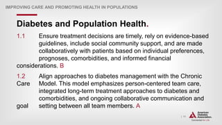 | 11
Diabetes and Population Health.
IMPROVING CARE AND PROMOTING HEALTH IN POPULATIONS
1.1 Ensure treatment decisions are timely, rely on evidence-based
guidelines, include social community support, and are made
collaboratively with patients based on individual preferences,
prognoses, comorbidities, and informed financial
considerations. B
1.2 Align approaches to diabetes management with the Chronic
Care Model. This model emphasizes person-centered team care,
integrated long-term treatment approaches to diabetes and
comorbidities, and ongoing collaborative communication and
goal setting between all team members. A
 