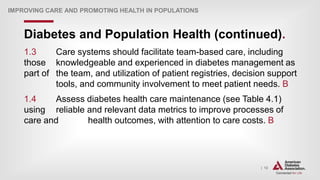 | 12
Diabetes and Population Health (continued).
IMPROVING CARE AND PROMOTING HEALTH IN POPULATIONS
1.3 Care systems should facilitate team-based care, including
those knowledgeable and experienced in diabetes management as
part of the team, and utilization of patient registries, decision support
tools, and community involvement to meet patient needs. B
1.4 Assess diabetes health care maintenance (see Table 4.1)
using reliable and relevant data metrics to improve processes of
care and health outcomes, with attention to care costs. B
 