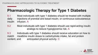 | 139
Pharmacologic Therapy for Type 1 Diabetes
PHARMACOLOGIC APPROACHES TO GLYCEMIC TREATMENT
9.1 Most individuals with type 1 diabetes should be treated with multiple
daily injections of prandial and basal insulin, or continuous subcutaneous
insulin infusion. A
9.2 Most individuals with type 1 diabetes should use rapid-acting insulin
analogs to reduce hypoglycemia risk. A
9.3 Individuals with type 1 diabetes should receive education on how to
match mealtime insulin doses to carbohydrate intake, fat and protein
content, and anticipated physical activity. C
 