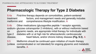 | 140
Pharmacologic Therapy for Type 2 Diabetes
PHARMACOLOGIC APPROACHES TO GLYCEMIC TREATMENT
9.4a First-line therapy depends on comorbidities, patient-centered
treatment factors, and management needs and generally includes
metformin and comprehensive lifestyle modification. A
9.4b Other medications (glucagonlike peptide 1 receptor agonists,
sodium– glucose cotransporter 2 inhibitors), with or without metformin based
on glycemic needs, are appropriate initial therapy for individuals with
type 2 diabetes with or at high risk for atherosclerotic cardiovascular
disease, heart failure, and/or chronic kidney disease (Fig. 9.3). A
9.5 Metformin should be continued upon initiation of insulin therapy
(unless contraindicated or not tolerated) for ongoing glycemic and metabolic
benefits. A
 