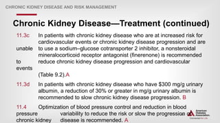 | 192
Chronic Kidney Disease—Treatment (continued)
CHRONIC KIDNEY DISEASE AND RISK MANAGEMENT
11.3c In patients with chronic kidney disease who are at increased risk for
cardiovascular events or chronic kidney disease progression and are
unable to use a sodium–glucose cotransporter 2 inhibitor, a nonsteroidal
mineralocorticoid receptor antagonist (finerenone) is recommended
to reduce chronic kidney disease progression and cardiovascular
events
(Table 9.2).A
11.3d In patients with chronic kidney disease who have $300 mg/g urinary
albumin, a reduction of 30% or greater in mg/g urinary albumin is
recommended to slow chronic kidney disease progression. B
11.4 Optimization of blood pressure control and reduction in blood
pressure variability to reduce the risk or slow the progression of
chronic kidney disease is recommended. A
 