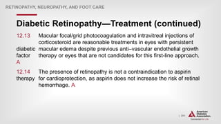 | 204
Diabetic Retinopathy—Treatment (continued)
RETINOPATHY, NEUROPATHY, AND FOOT CARE
12.13 Macular focal/grid photocoagulation and intravitreal injections of
corticosteroid are reasonable treatments in eyes with persistent
diabetic macular edema despite previous anti–vascular endothelial growth
factor therapy or eyes that are not candidates for this first-line approach.
A
12.14 The presence of retinopathy is not a contraindication to aspirin
therapy for cardioprotection, as aspirin does not increase the risk of retinal
hemorrhage. A
 