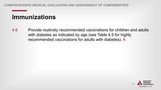 | 51
Immunizations
COMPREHENSIVE MEDICAL EVALUATION AND ASSESSMENT OF COMORBIDITIES
4.6 Provide routinely recommended vaccinations for children and adults
with diabetes as indicated by age (see Table 4.5 for highly
recommended vaccinations for adults with diabetes). A
 